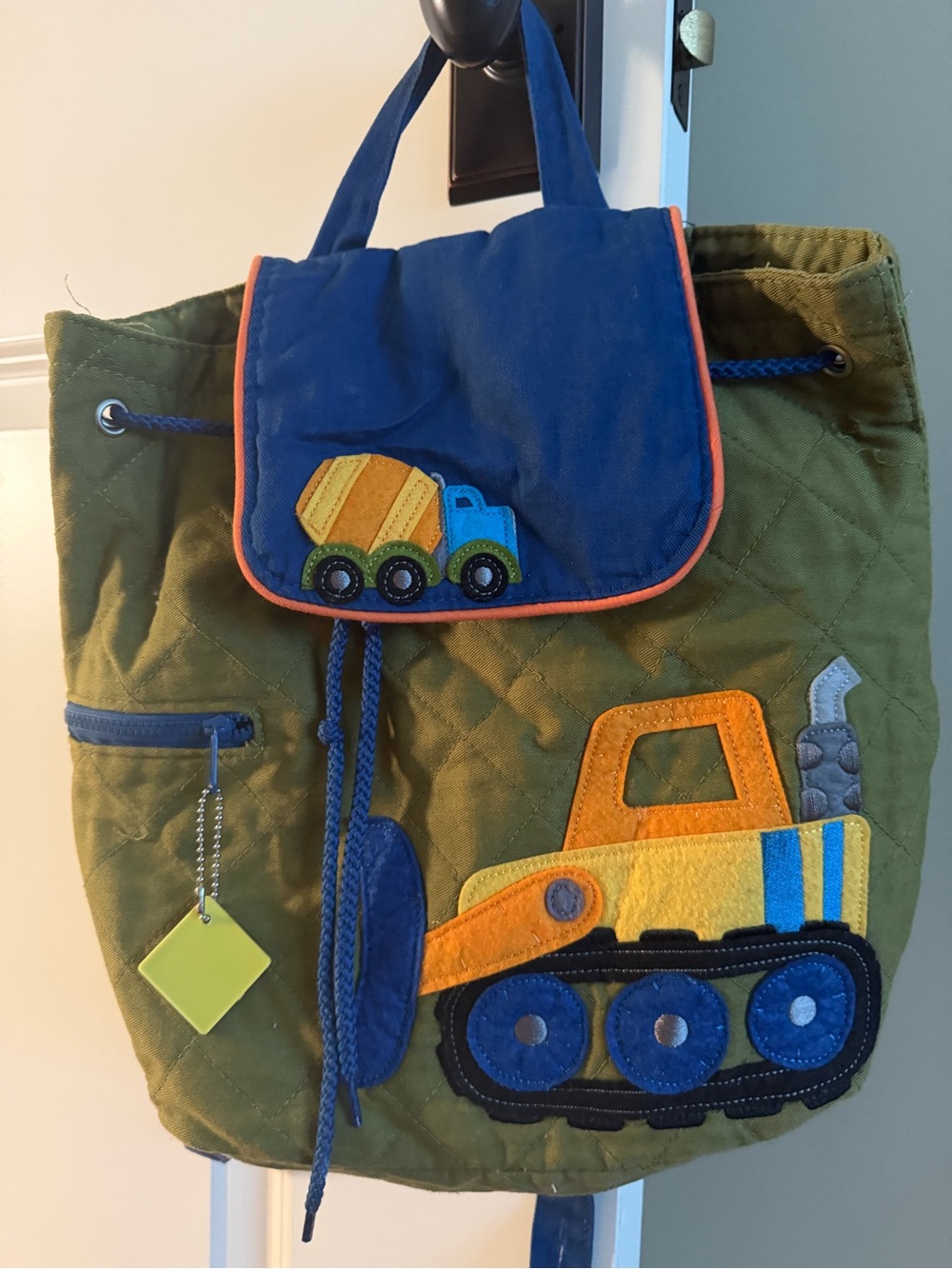 Olive Green & Navy Kids Drawstring Backpack with Construction Truck Appliqués